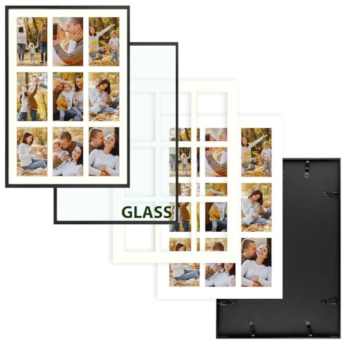 Frametory 13.6x19.7 Black Aluminum Collage Frame for 4x6 Photos - 9 Openings, Glass Front, Wall Mount