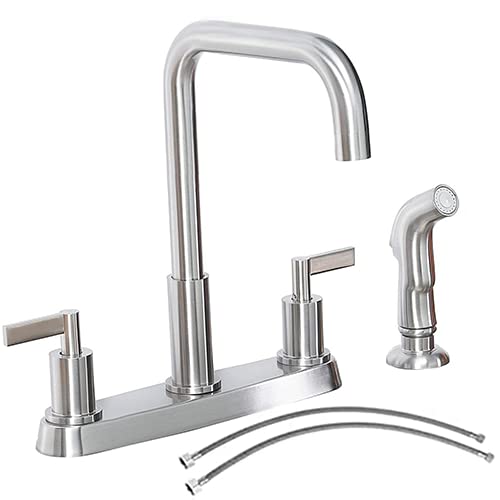 Modern Two-Handle Brushed Nickel Kitchen Sink Faucet with Side Sprayer, High Arc 360 Swivel Stainless Steel 3 or 4 Hole Kitchen Faucet for RV Camper Laundry Utility Bar Sinks KMF028L