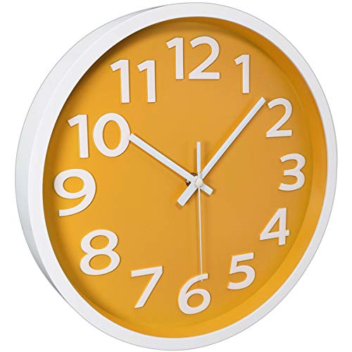 12 Inch Modern Wall Clock Silent Non-Ticking Battery Operated 3D Numbers Bright Color Dial Face Wall Clock For Home/Office Decor,Yellow #TOP2