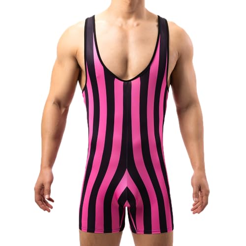 WMIERFI Mannen Gestreepte Bodysuit Worstelen Singlet Naadloze Actieve Jumpsuit Een Stuk Basislagen Atletische Supporters Turnpakje, roze, L