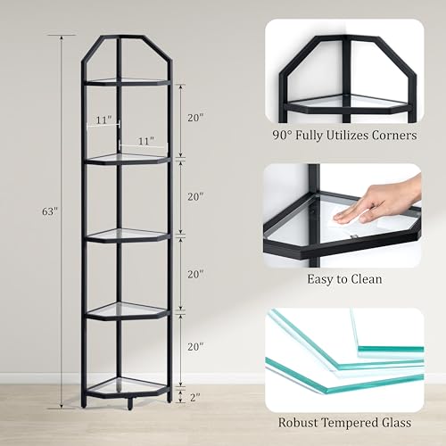 Fun Memories 5-Tier Corner Shelf Stand, Black Corner Bookshelf, Bathroom Storage Rack Shelf, Plant Rack, Tempered Glass, Steel Frame, Modern Style For Living Room, Bathroom, Kitchen, Metallic Black thumb #2