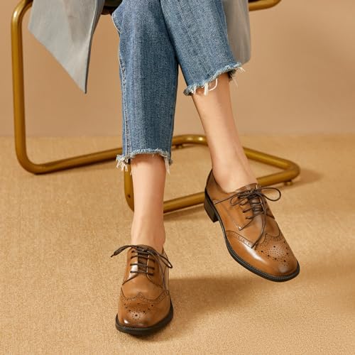 Image of BEAU TODAY Oxford Shoes for Women Leather Brogue Wingtips Dress Shoes | Calskin Upper,Pigkin Lining,Pigskin Insole,Rubber Outsole,Lightweight,Anti-slip,Wear-resistant,Breathable,Black