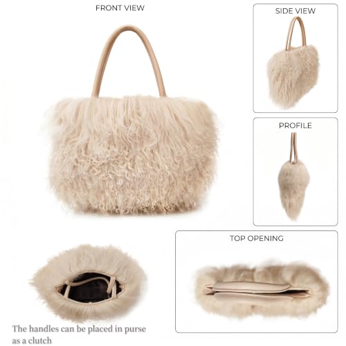 Image of Women Luxury Real Lamb /Mongolian Flush Wool Fur With Genuine Leather Handles Handbag