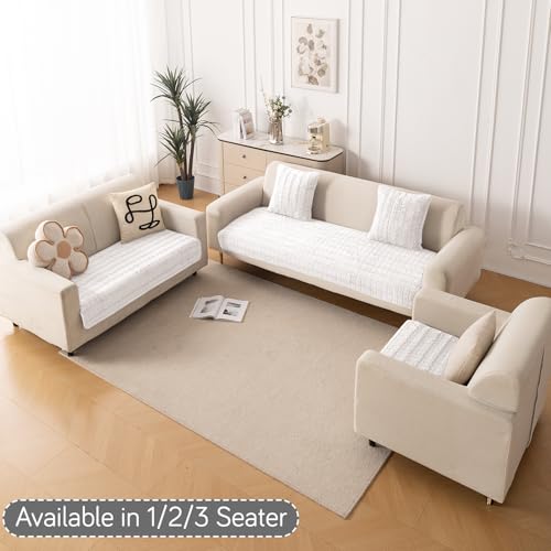 Image of HOKIPO 'Plush Haven' Premium Anti-Slip Sofa Cover Mat for 1 Seater Sofa | Soft Fluffy Plush Fabric, 1 Seater, White (NEW-5030-WHT*1)