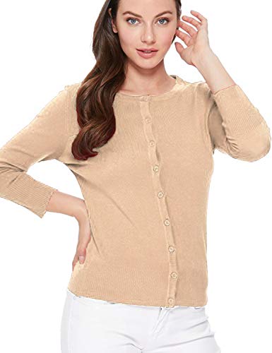 Image of Women's 3 /4 Sleeve Crew Neck Button Down Stretch Knit Cardigan Sweater (S-3XL)