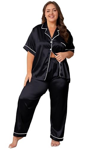 Image of Vozanet Women's Button Down Satin Pajama Sets Silky Short Sleeve Top & Pants Plus Size Loungewear Classic Sleepwear XL to 5XL
