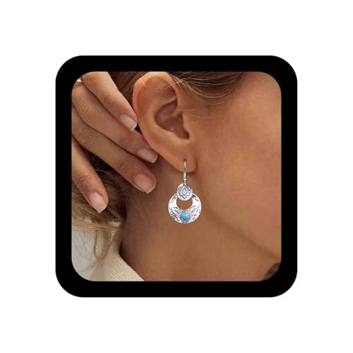 Vintage Turquoise Circle Dangle Earrings Tribal Totem Drop Earrings Turquoise Dangling Earrings Silver Circular Hoop Hook Earrings Jewelry