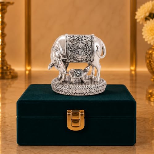 Image of Gold Art India Kamdhenu Cow with Calf Idol | 999 Silver Plated | Antique Matte Finish | Premium Peacock Green Velvet Gift Box | Sacred Gau MATA Vastu Idol for Home Temple, Office & Spiritual Gifting