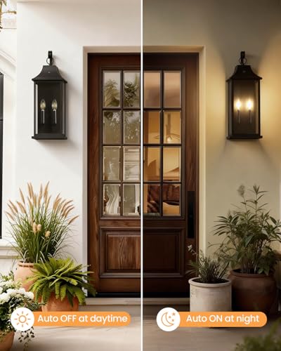 Image of RAYVO 21.5 inch Large Outdoor Lantern Lights Dusk to Dawn, Modern Farmhouse Exterior Light Fixtures Wall Mount, Anti-Rust Outside Wall Sconce for Porch Garage Entryway Patio, Black, 2 Pack