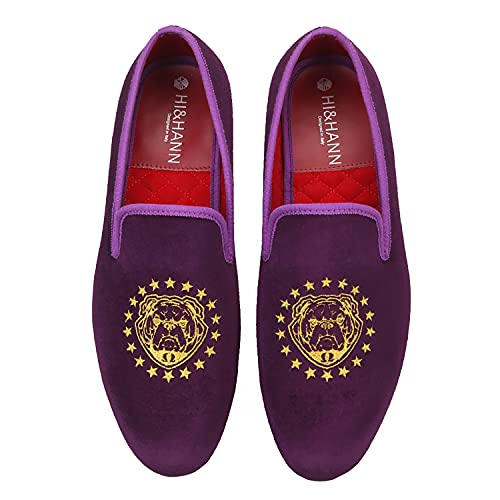 HI&HANN Purple Color Velvet Men Loafers with Delicate Embroidery Shoes Slip-on Loafer Round Toes Smoking Slipper - Main Image