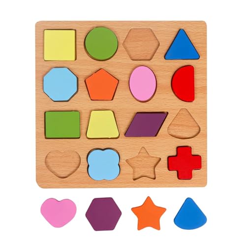 Image of Fun4You Wooden Shapes Puzzle Board for Kids | Montessori Shape Sorter | 16-Piece Learning Jigsaw Puzzle | Early Educational Brain Development Toy for Toddlers (Ages 2+ Years)
