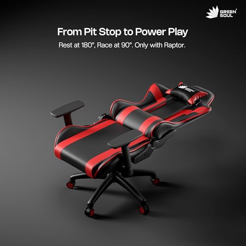 Green Soul Raptor 2.0 Racing Edition Ergonomic Gaming Chair with Premium PU Leather, Adjustable Neck & Lumbar Pillow, 3D Adjustable Armrests & Heavy Duty Nylon Base (Black & Red) Installation Provided