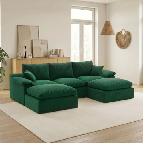 Image of Cloud Sectional Couch, Boneless Couch Modular Sofa, Green | U shaped, Couches for Living Room & Apartments, Deep Seat & Convertible Ottoman, Kid & Pet Friendly, Family Ready