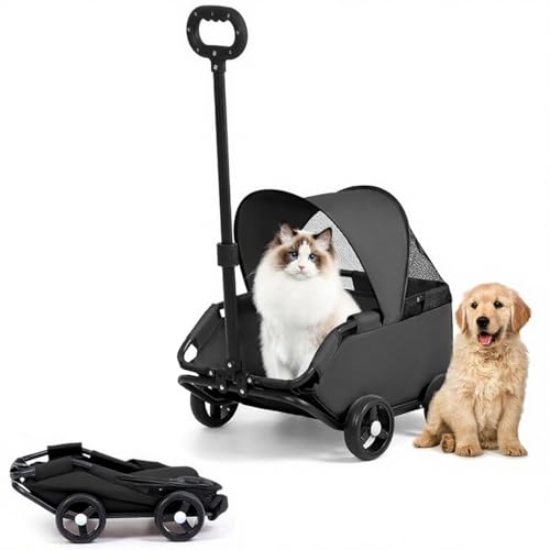 Faltbare Hundewagen, Hundebuggy Bis 10kg Mit Sonnendach Und 360° Drehbare Zugstange, Haustier Trolley Für Kleine Hunde Und Katzen