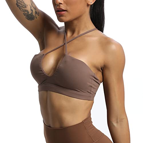 Aoxjox Women's Workout Sports Bras Jamie Deep V Fitness Backless Padded Training Gym Bra Yoga Crop Tank Top (Fudge Coffee, Small) - Image 3