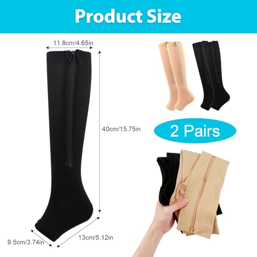 2 Pairs Zipper Compression Socks for Men Women, 15-20mmHg Open Toe Compression Stockings with Zippers, Black Nude Knee High Compression Socks for Running Travel2