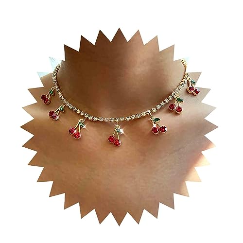 Inilbran Boho Kristall Kirsche Choker Halskette Vintage Kirsche Tennis Kette Halskette Rote Kirsche Anhänger Halskette Personalisierte Kirsche Aussage Halskette Schmuck Für Frauen Und Mädchen