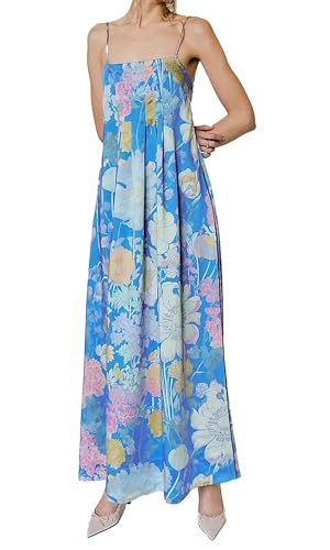 Image of Women Floral Maxi Dress Spaghetti Straps V Neck Lace Patchwork Flowy Tiered Boho Beach Sundress Long Dresses