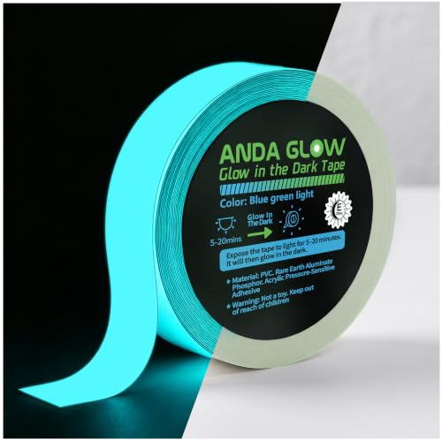 Image of High Brightness Glow in the Dark Tape for Safety Marking, Art Craft DIY, Halloween Deco and Party Accessories. Non-Toxic Adhesive, Waterproof Rechargeable Luminous Tape Blue-Green Light (1 in X 30 ft)