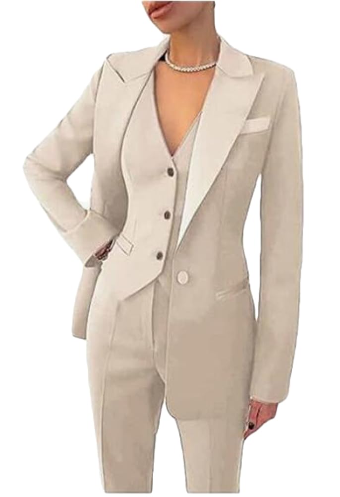 Botong Women's Beige 3 Piece Office Work Suit Blazer Vest Pants Business Outfits Pants Suit Set Prom Party Suit Xl
