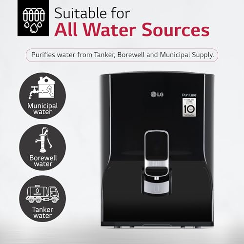 Image of LG RO Water Purifier | 8L Storage Airtight Stainless Steel Tank | Multi Stage Filtration | Wall Mount | Suitable for all Water Sources, WW132NF, Black