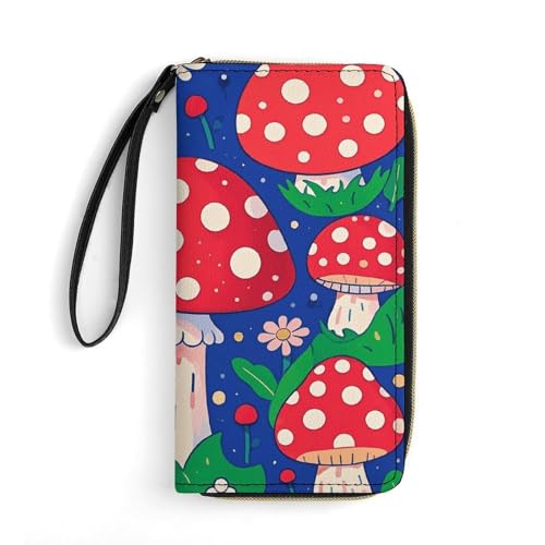 Bright Mushrooms Arts Wallets for Women Long Wristlet Leather Wallets with Zipper Holder Large Capacity Coin Pocket