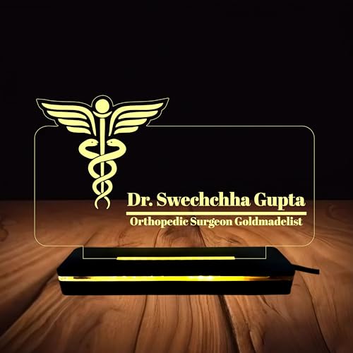Image of PRINTKART Personalized LED Name and Designation Lamp for Doctors - 3D Illusion Gift, Laser Cut Acrylic, Wooden Base, Off White Color, 6 x 4 Inches (Doctor-5)