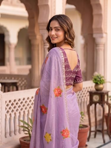 Image of Handcrafted Floral Embroidered Saree with Contrast Blouse