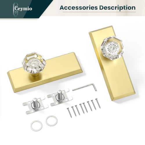 Image of Antique Crystal Dummy Door Knobs Interior, 2 Pack, Brushed Gold | Zinc Alloy & Crystal Glass Knob, Non-Turning Single Side Vintage Classic Door Knob for Bifold Hallway Interior Doors