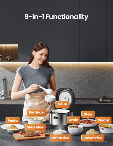 COMFEE' Compact Rice Cooker 8 Cups Cooked/4 Cups Uncooked, 9-in-1 Multi Cooker, Fast Rice Maker, Steam, Brown Rice, Grains, Fuzzy Logic Technology, Grey