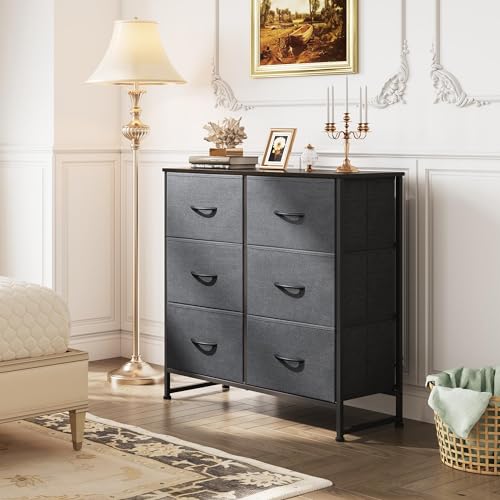 WLIVE Fabric Dresser for Bedroom, 6 Drawer Double Dresser, Storage Tower with Fabric Bins, Chest of Drawers for Closet, Living Room, Hallway, Dark Grey