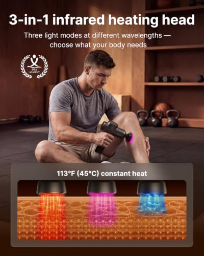 Image of RENPHO Active 2 Red Massage Gun with 850nm Infrared Heating & 3 Light Modes | Deep Tissue Percussion Massager with 5 Speeds and Travel Case for Athletes to Soothe Tight Backs and Shoulders Anywhere