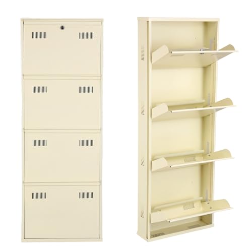 Image of Metal Shoe Rack Wall Mounted for Home with Central Locking | 4 Door 20 inch Wall Mounted Metal 8 Pair Shoe Rack Cabinet | Pre-Assembled Rack Shelves |3 Year Warranty (Ivory)