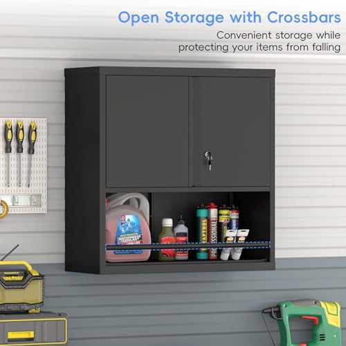 Image of Metal Garage Cabinets, Lockable Storage Cabinet, Metal Cabinet with Open Storage, Upper Tool Cabinet for Basement, Wall Mounted Cabinets for Shop