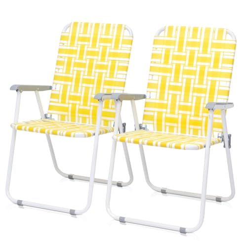 Kcelarec Set of 2 Patio Folding Lawn Chair, Outdoor Beach Camping Webbed Folding Chair for Yard, Garden (Yellow)