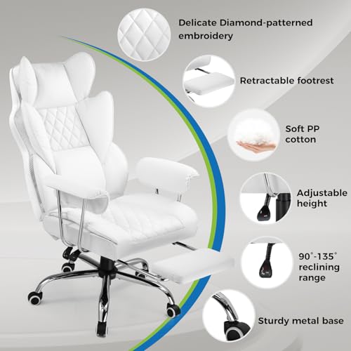 GTRACING Gaming Chair,Office Chair with Pocket Spring Lumbar Support, Ergonomic Comfortable Wide Office Desk Computer Chair with Outward Fixed Soft Armrests and Footrest,(PU Leather, White)