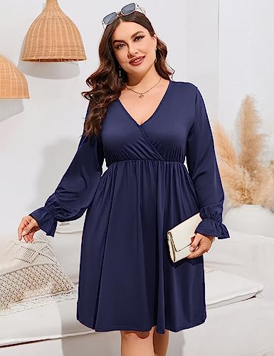 Image of ShopWonder Plus Size Dress Women's V Neck A-Line Knee Length Wrap Swing Dresses Plus Size A Line Party Mini Dress