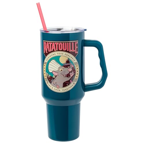 Silver Buffalo Disney Pixar Ratatouille Remy Let's Cook Together Double Walled Stainless Steel Tumbler with Handle and Straw, Fits in Standard Cup Holder, 40 Ounces