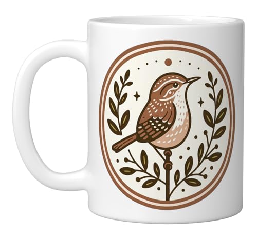 Taza de Cerámica Blanca con Diseño de Pájaro Wren miniatura 1
