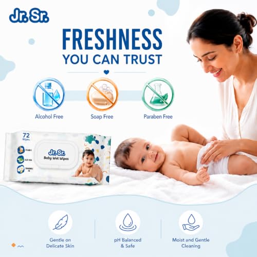 Image of Jr. Sr. Baby Wipes With Lid | 72 Wipes x Pack of 3, 216 Wipes | Safe & Moist Wet Wipes for Babies | Prevents Rashes & Redness with Goodness of Aloe Vera, Vitamin E & Chamomile Oil | No Paraben & No Alcohol
