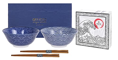 Tokyo Design Studio, Nippon Blue, Set di 2 Coppette e 2 bacchette, 4 PZ, Ø 15.2 cm, in porcellana dal Giappone