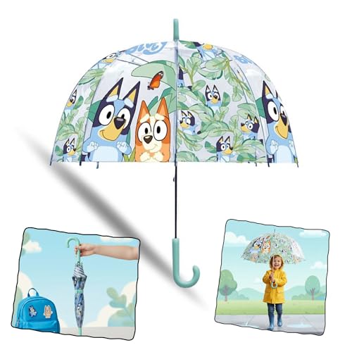 SRV Hub Bluey Kids Transparent Dome Umbrella, Clear Bell PVC Umbrella 75cm Windproof Waterproof Lightweight with J Handle, Cute Bluey Design for Girls Boys Age 3-7, Rain & Sun Protection Gift