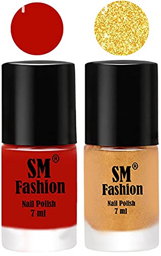 Image of Long Lasting Nail Polish | Nail Paint Combo 7 ml Each) - Set of 2 Red Orange-Light Golden
