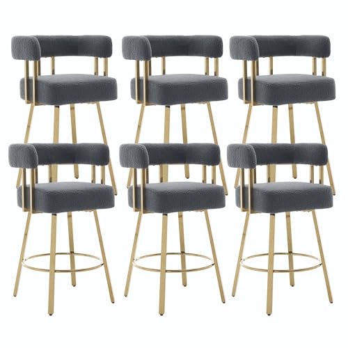 Image of YITAI 27 inch H Counter Height Bar Chairs Set of 6, Modern Barrel Counter Bar Stools with Backrest and Arms, Gold Metal Legs, Teddy Velvet Upholstered Accent Barstools for Kitchen Island, Gray