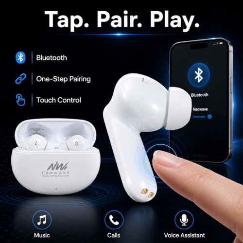 Image of Bluetooth 5.3 True Wireless Earbuds with ENC Noise Reduction, 60 Hours Total Playback, USB Type-C Fast Charging, Touch Control, Deep Bass Stereo Sound, Wireless Earphones White