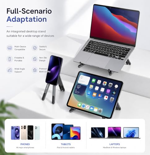 Image of Foldable 4 in 1 Laptop Stand with 7 Level Height Adjustment | Vlogging Magnetic Selfie Stick| Mobile & Tablet Stand | Aluminium Body | Supports Upto 10kg & 11 inch to 16 inch | Free Carry Bag