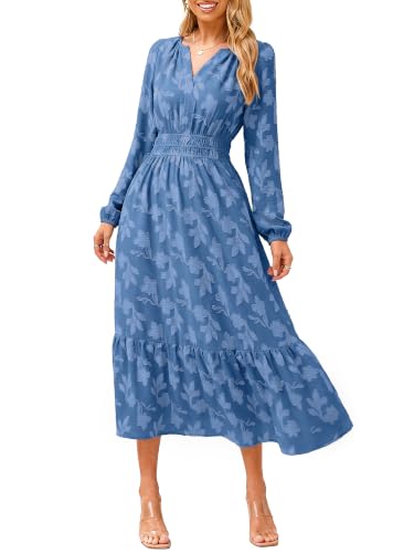 Simplee Women's Boho Floral Long Sleeve Maxi Dress Fall V Neck Empire Waist Swing Flowy Wedding Guest Dress Blue L