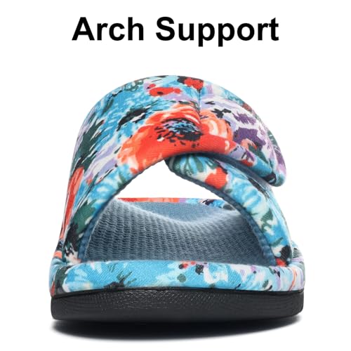 shevalues Summer House Slippers for Women with Arch Support Breathable Waffle Cotton Indoor Slippers Slip on Open Toe Home Shoes, Cyan Blue 39