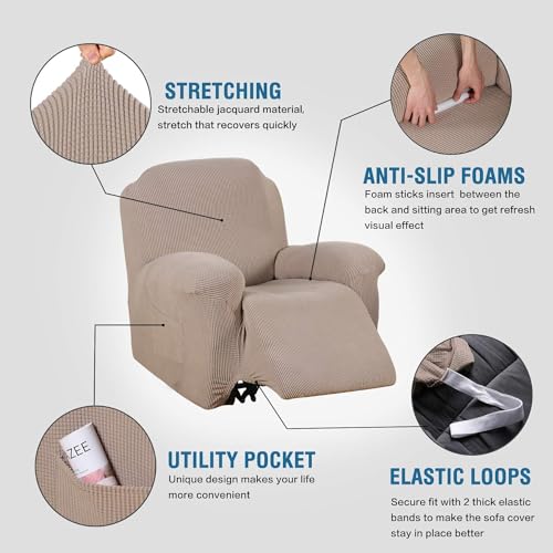 Image of H.VERSAILTEX Stretch Recliner Slipcovers 1-Piece Durable Soft High Stretch Jacquard Sofa Furniture Cover Form Fit Stretch Recliner Cover /Protector (Recliner, Sand)