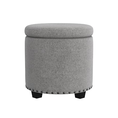 HomePop Home Decor | Upholstered Round Storage Ottoman with Nailheads| Ottoman with Storage for Living Room & Bedroom, Grey Woven